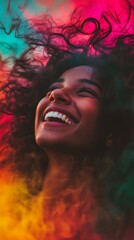 Joyful woman with vibrant, colorful hair.
