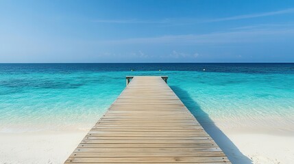 Fototapeta premium Travel image showing a wooden pier leading into the turquoise ocean on an exotic beach