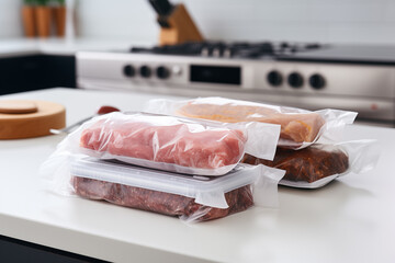 Various types of vacuum sealed meat placed on kitchen counter. Modern gas stove and wooden cutting board visible in background, highlighting clean kitchen environment.