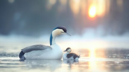 Fototapeta premium Majestic Great Crested Grebe Chick at Sunrise Waterfowl Nature Wildlife Photography