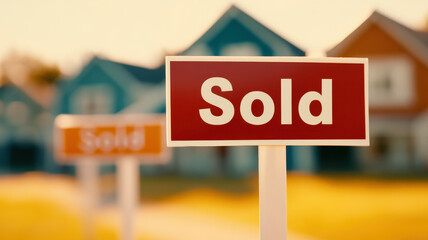 Obraz premium Sold signs in front of suburban houses indicate successful real estate transactions, showcasing vibrant neighborhood atmosphere. warm colors evoke sense of community and achievement