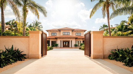 Fototapeta premium Private Ownership. A luxurious home entrance framed by palm trees, featuring a grand facade and a spacious driveway under a bright sky.