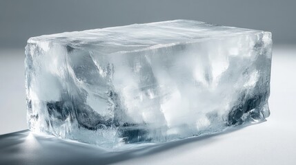 A detailed shot of a transparent ice block, with frosted edges and subtle layers visible within its crystalline structure