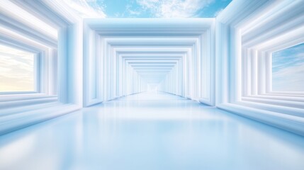 Obraz premium A serene, abstract space featuring white walls and bright skies, creating a calm and infinite perspective.