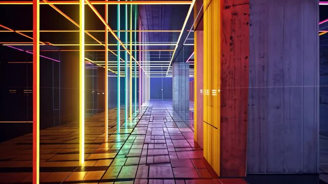 A videograph capturing a long hallway bathed in vibrant neon lights, creating an electrifying ambiance, A linear geometric interpretation of digital signals