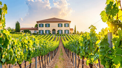 Private Ownership. A picturesque vineyard at sunset, featuring rows of grapevines leading to a charming house with a tiled roof, framed by a beautiful sky.