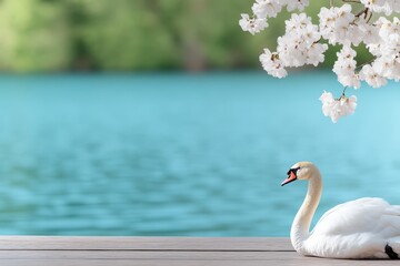 Obraz premium Serene Swan Gliding Gracefully on Calm Blue Water Background