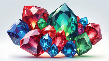 Fototapeta premium A colorful gem cluster with vibrant red, blue, and green crystals glowing faintly, isolated on a plain white background.