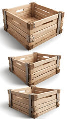 A detailed wooden crate with reinforced metallic corners, isolated on a plain white background.