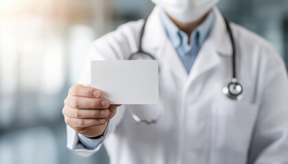 Medical professional in white coat holding blank card, showcasing professional demeanor. background is softly blurred, emphasizing subject focus
