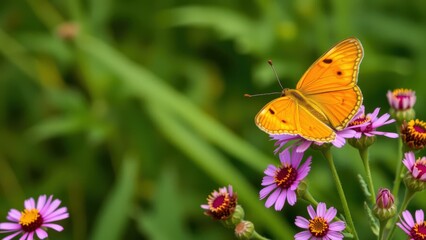 Fototapeta premium Vibrant Orange Butterfly on Purple Flowers: Perfect for Nature Lovers and Home Decor