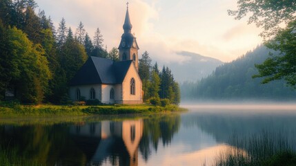 Obraz premium A scenic view of a church surrounded by nature, reflecting Christian values of harmony and peace.
