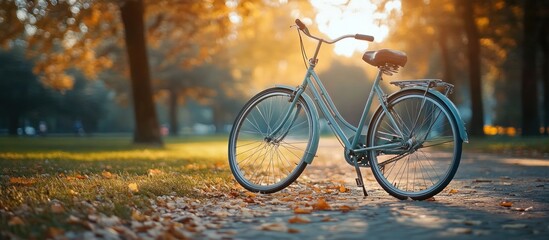 Fototapeta premium A blue bicycle leans against a tree in an autumn park, with fallen leaves scattered around it. The sun is setting, casting a warm glow on the scene.