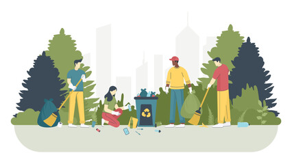 A group of people cleaning a public park. Environmental protection.