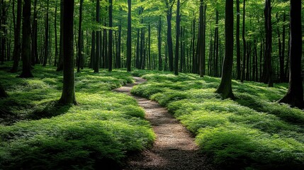 A serene forest path surrounded by lush greenery and trees, inviting exploration and tranquility. © tengah