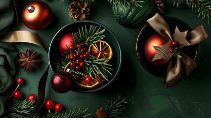 Festive Christmas Bowls with Ornaments and Greenery