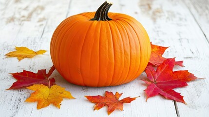 Naklejka premium A vibrant pumpkin surrounded by colorful autumn leaves resting on a white wooden surface, offering ample copy space for seasonal or Thanksgiving themes.