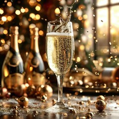 A glass of champagne against the background of a decorated Christmas tree. New Year. Christmas.
