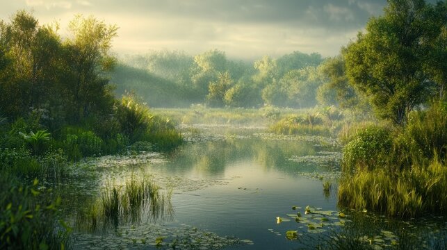A realistic photo of a wetland ecosystem, rich in biodiversity, emphasizing the significance of wetland preservation and the need for habitat protection. , Minimalism,
