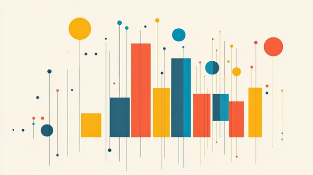 Abstract data visualization with colorful bars and dotted lines, floating over a neutral background, ideal for tech or finance concepts.