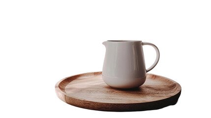 A simple white pitcher on a wooden tray, ideal for serving beverages.