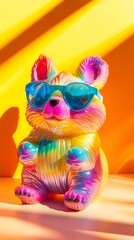 Fototapeta premium Rainbow bear figurine wearing sunglasses against a yellow background.