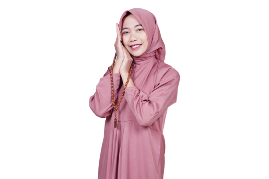 Asian Muslim woman in hijab with prayer beads, greeting gesture isolated transparent