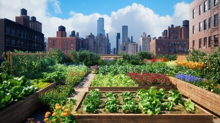 Fototapeta premium A vibrant rooftop garden showcasing rows of lush green vegetables and bright flowers, embodying urban gardening's beauty and sustainability.