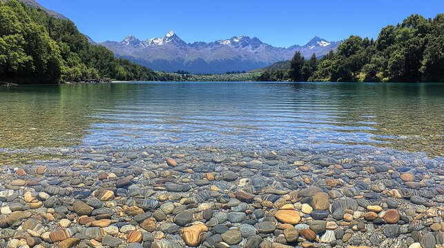 A serene lake with clear water and pebbles, surrounded by mountains and lush greenery.