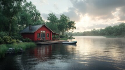 Fototapeta premium A serene lakeside cabin surrounded by lush greenery and calm waters at dawn.