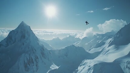 Snowboarder Soaring Above Majestic Snowy Mountain Peaks