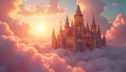 Fototapeta premium A majestic castle, bathed in warm, golden light at sunrise, floats serenely amidst a sea of fluffy, pastel-colored clouds