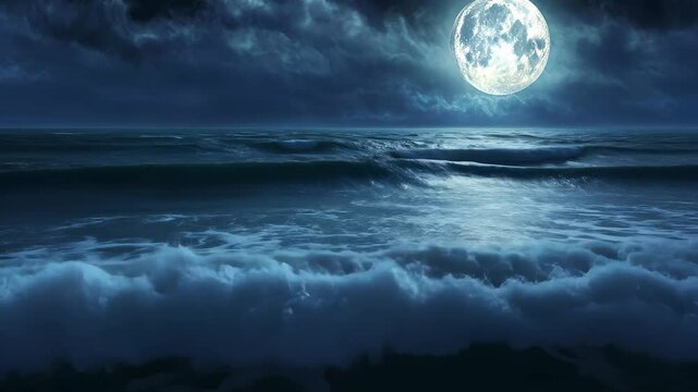 A stunning videograph capturing the beautiful sight of a full moon shining brightly over a calm body of water, A midnight scene of tranquil ocean waves under a full moon
