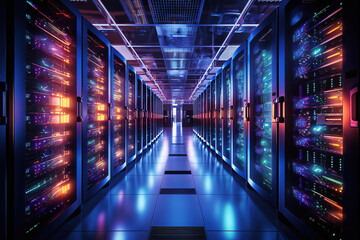 Fototapeta premium Artistic shot of a data center with Ethernet connection visualizations between rack servers