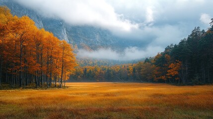Autumn meadow with orange trees, misty forest, and mountains shrouded in clouds