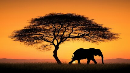 Obraz premium African Elephant Silhouette at Sunset Savanna Landscape Wildlife Photography