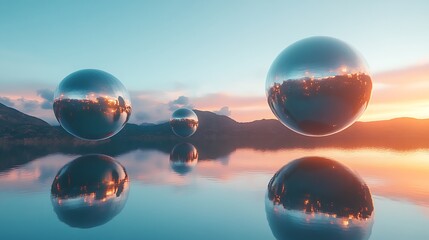 Three Reflective Spheres Float Above Calm Sunset Waters