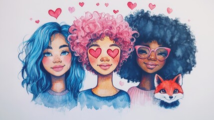 Obraz premium Watercolor Illustration of Three Diverse Friends Celebrating Friendship and Love with Heart Accents