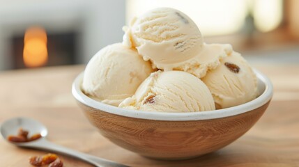 Rum raisin ice cream in a bowl, with plump raisins visible in a Cozy fireplace