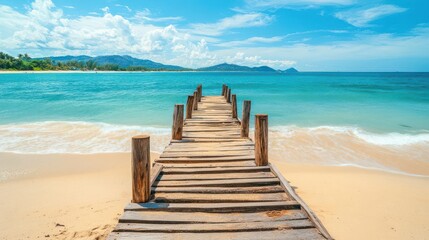 Fototapeta premium Travel image showing a wooden pier leading into the turquoise ocean on an exotic beach