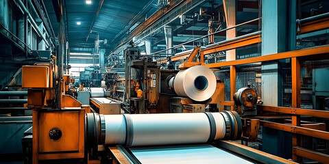 Fototapeta premium paper being produced in a mill with machines converting pulp into rolls. Generative AI