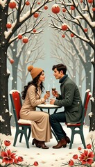 Obraz premium Couple enjoying warm drinks together at a snowy outdoor café in a romantic setting