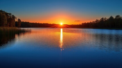 Fototapeta premium A serene sunset over a calm lake, reflecting vibrant colors on the water's surface.