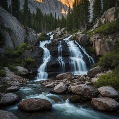 A rocky mountain range with a cascading waterfall.