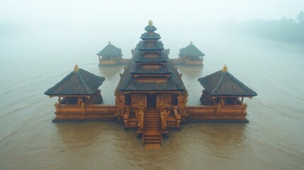 Obraz premium A serene temple complex surrounded by water and mist, evoking tranquility and spirituality.