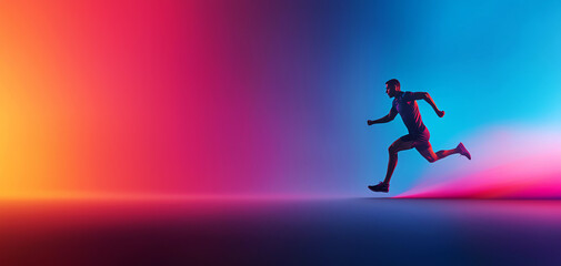 Dynamic runner in motion against vibrant, colorful background, capturing the essence of athleticism and speed.