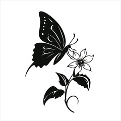 Fototapeta premium A butterfly silhouette and flower on a white background with a butterfly on it