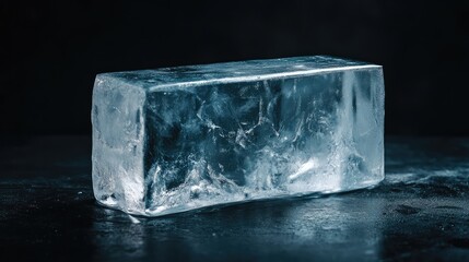 A perfectly rectangular transparent ice block on a dark surface, illuminated to highlight its clarity and reflective properties