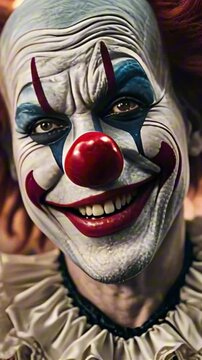 vertical 9:16 creepy clown in neopunk victorian clothes at the circus