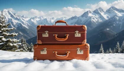 suitcase ready for holiday adventures amidst a snowy backdrop. Ideal for travel brochures, holiday greeting cards, or social media posts celebrating the spirit of the season!banner/web/design/flyer